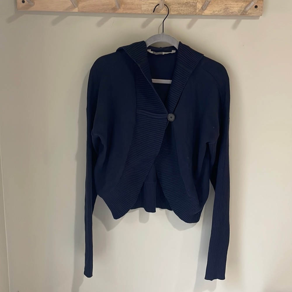 Athleta | One-Button Navy Hooded Cropped Cardigan | Sz L
